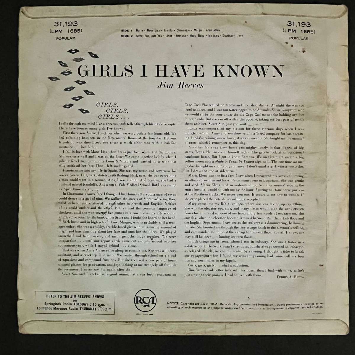 Jim Reeves Girls I Have Known | Vinyl LP