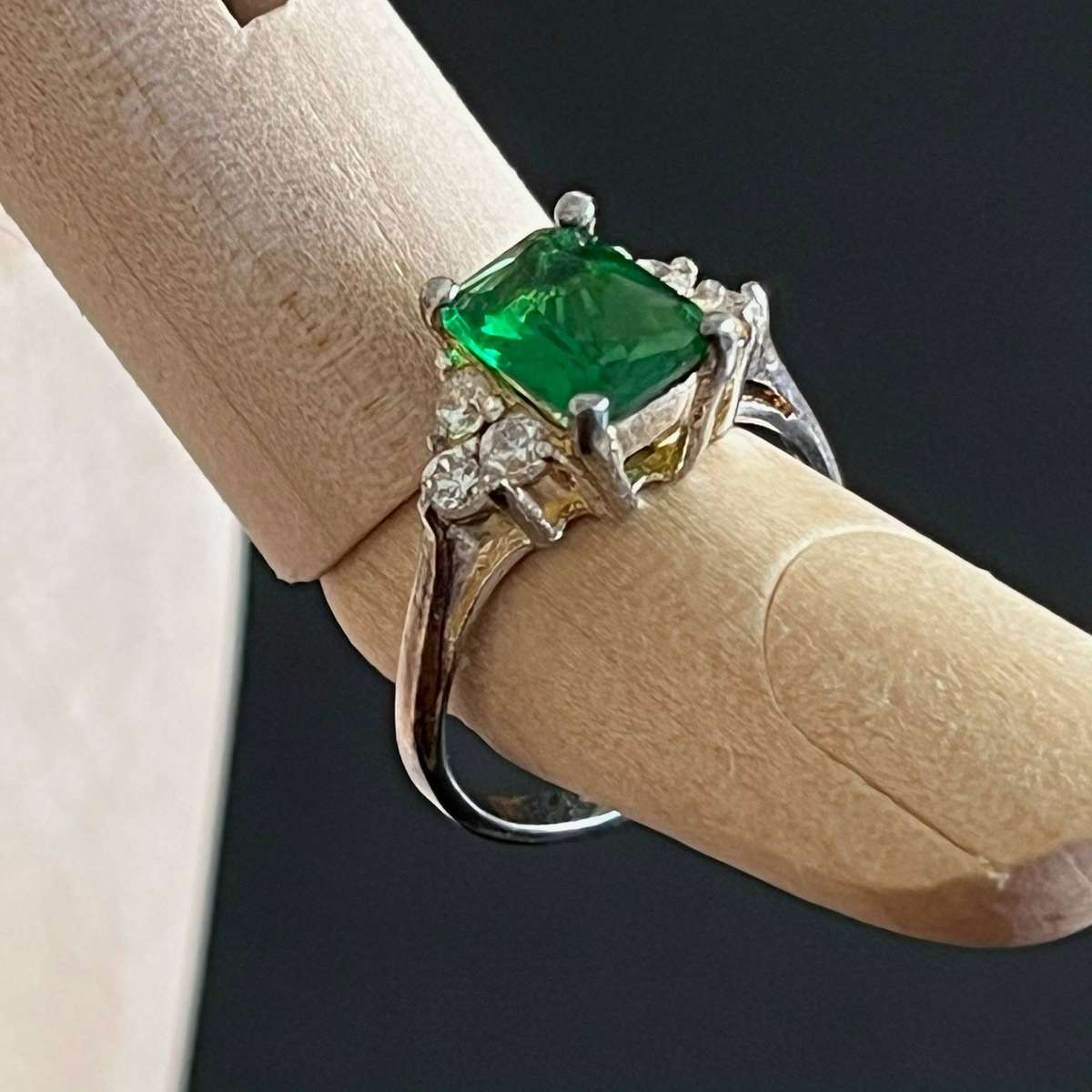  Silver Ring with Green Stone & Clear Accents