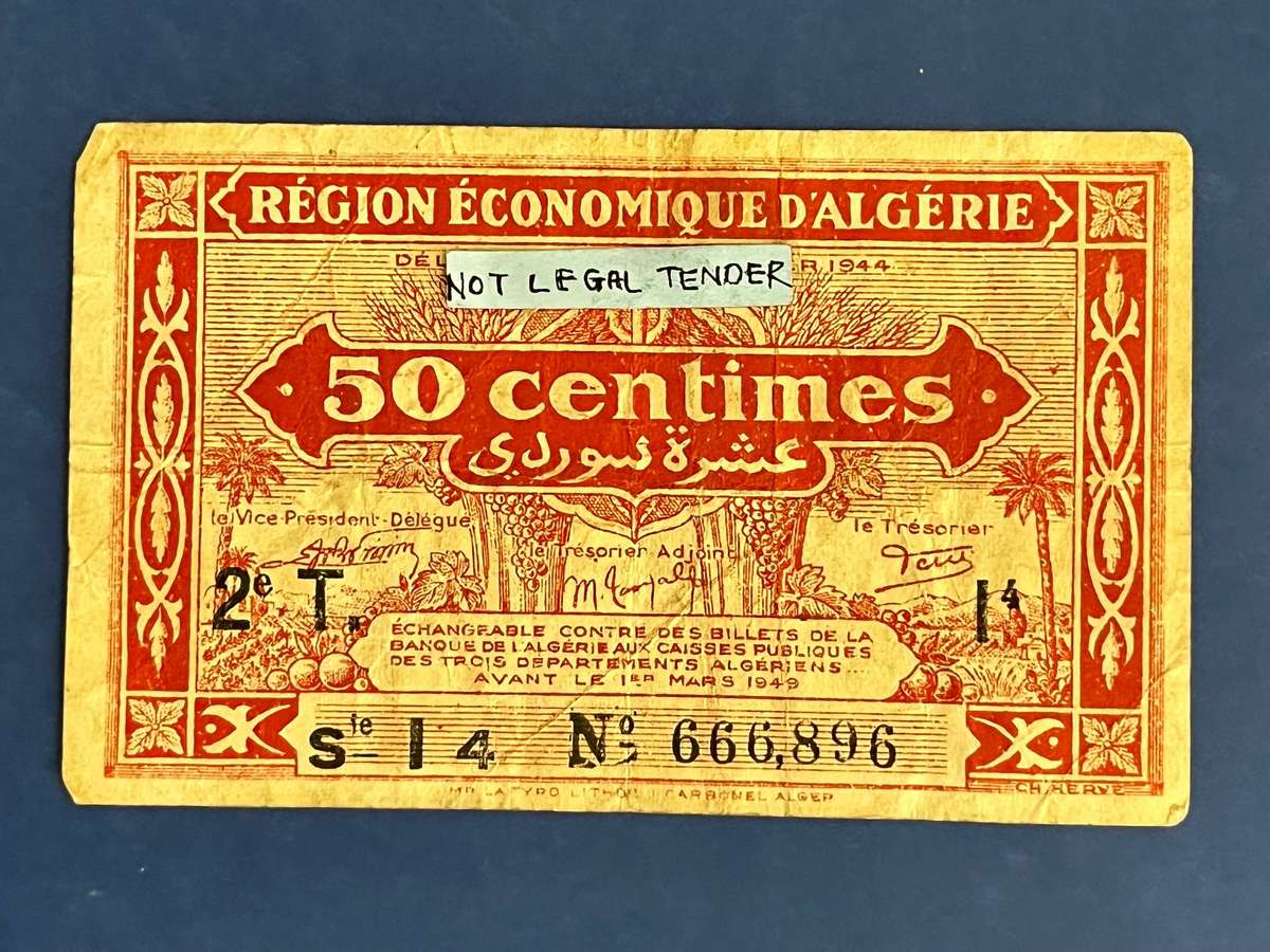 50 Centimes 1944 Région Économique d'Algérie Emergency Currency Note
