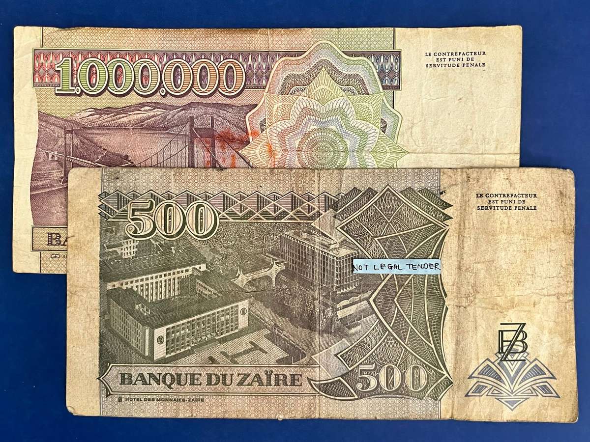 Banknote Set 500 Nouveaux Zaïres & 1,000,000 Zaïres 2 Notes