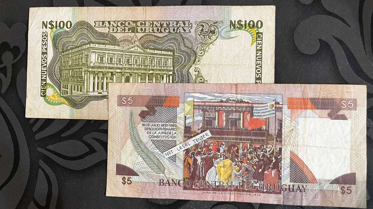 Uruguay Banknote Lot  100 Nuevos Pesos & 5 Pesos Uruguayos