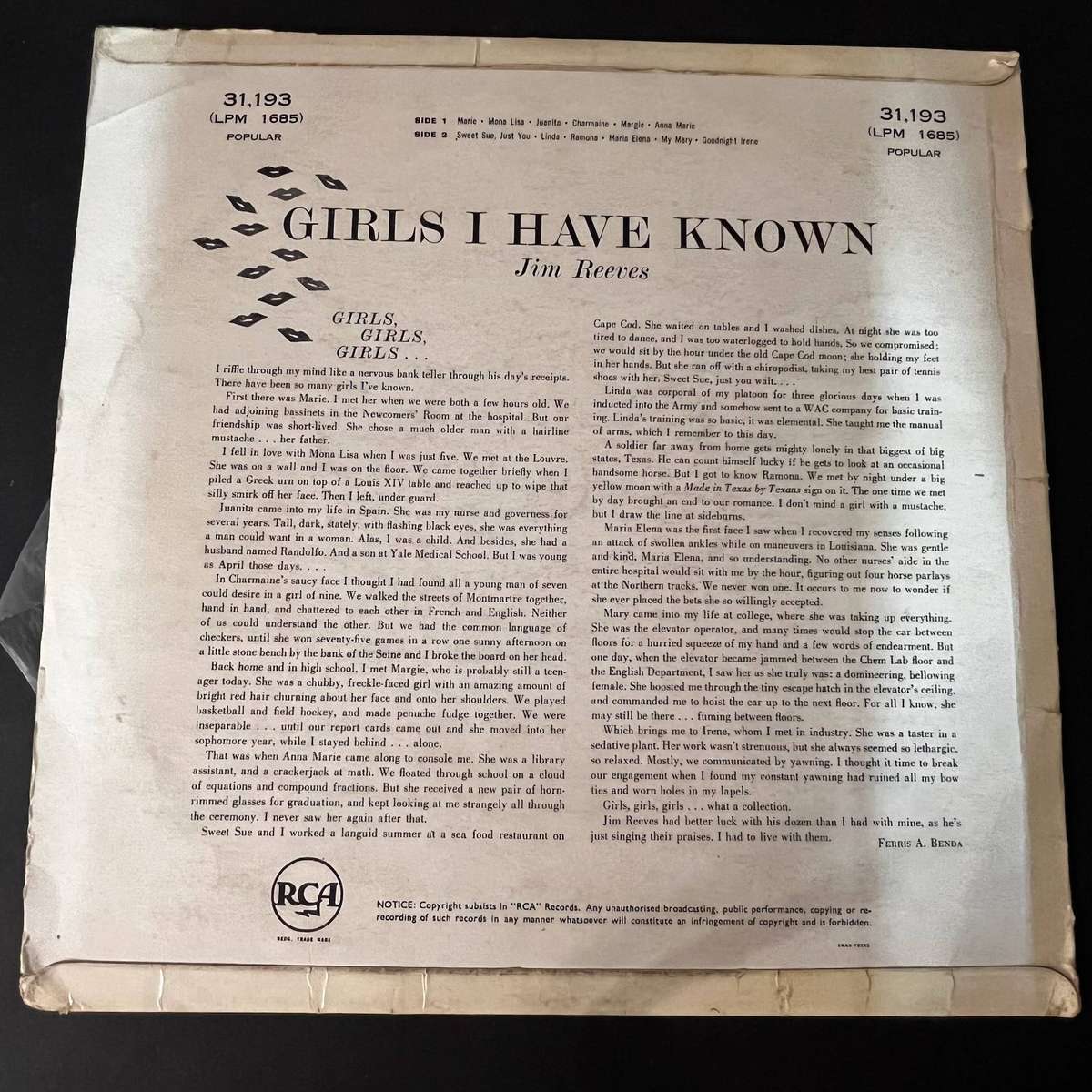 Jim Reeves - Girls I have known | Vinyl LP