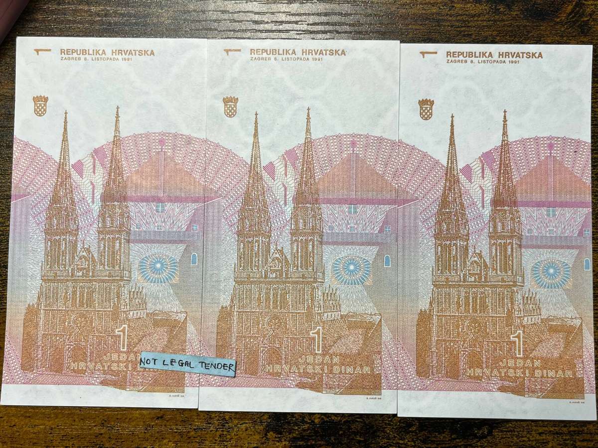  Croatia 1 Hrvatski Dinar UNC Banknotes | 3 Note Lot | 1991