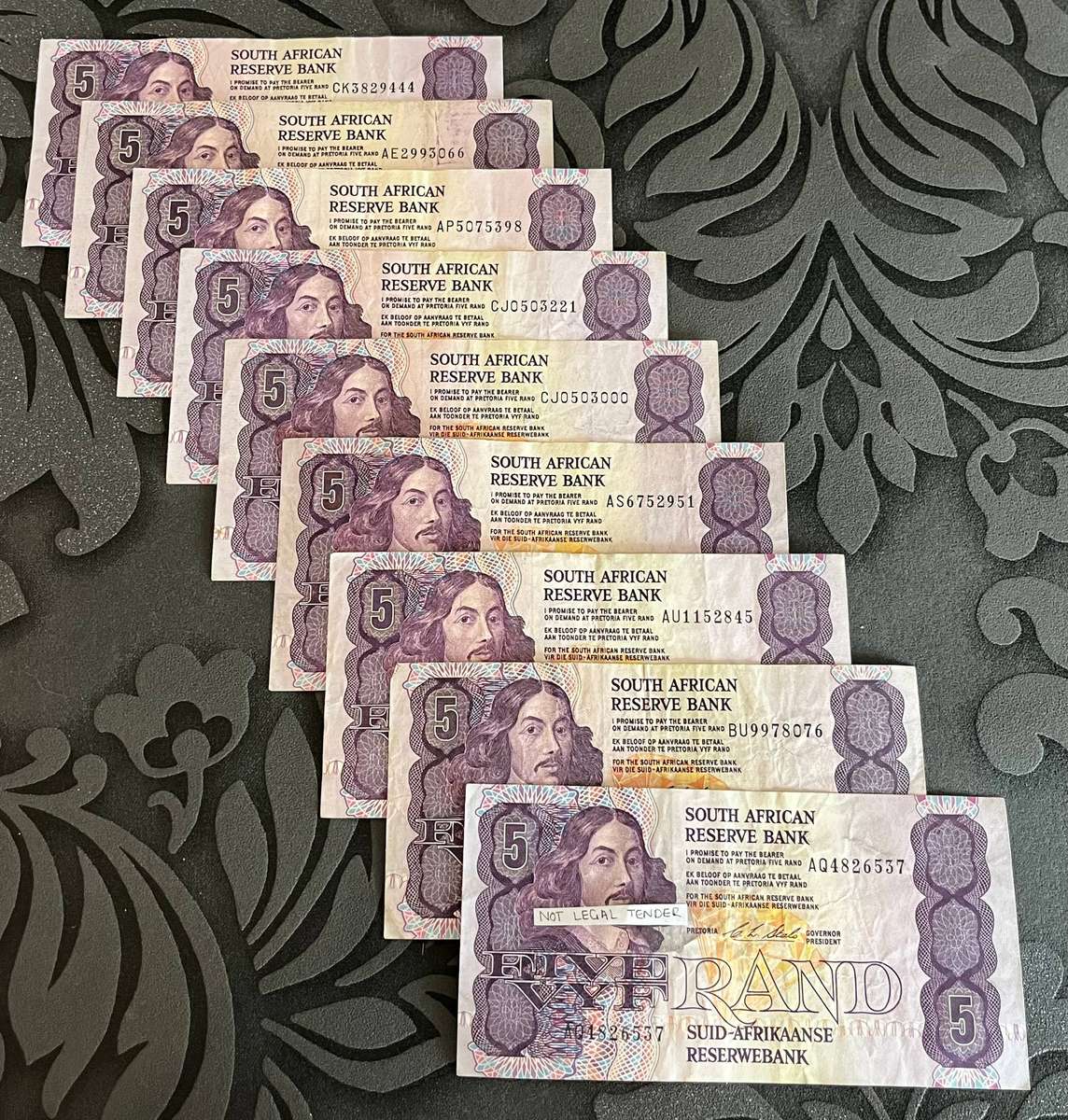  Set of 9  South Africa 5 Rand Banknotes  Old SARB Notes  Collectible Currency