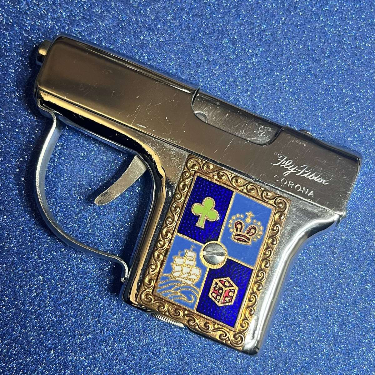  Vintage Pistol-Style Lighter  Fly-Rider Corona  Enamel Card Suit Design