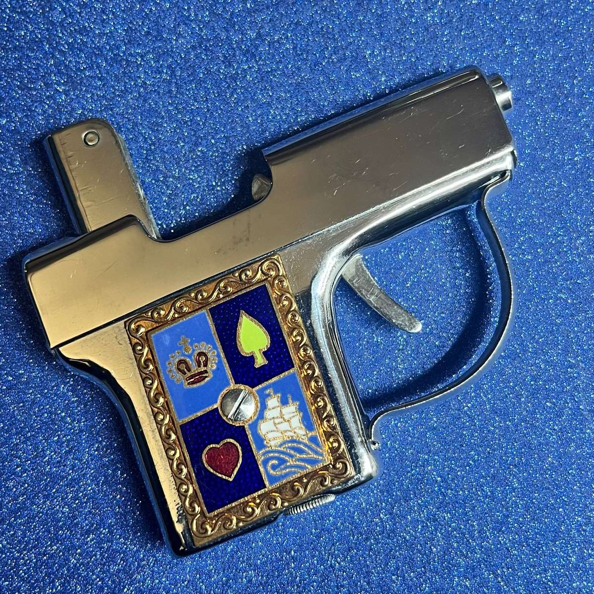  Vintage Pistol-Style Lighter  Fly-Rider Corona  Enamel Card Suit Design