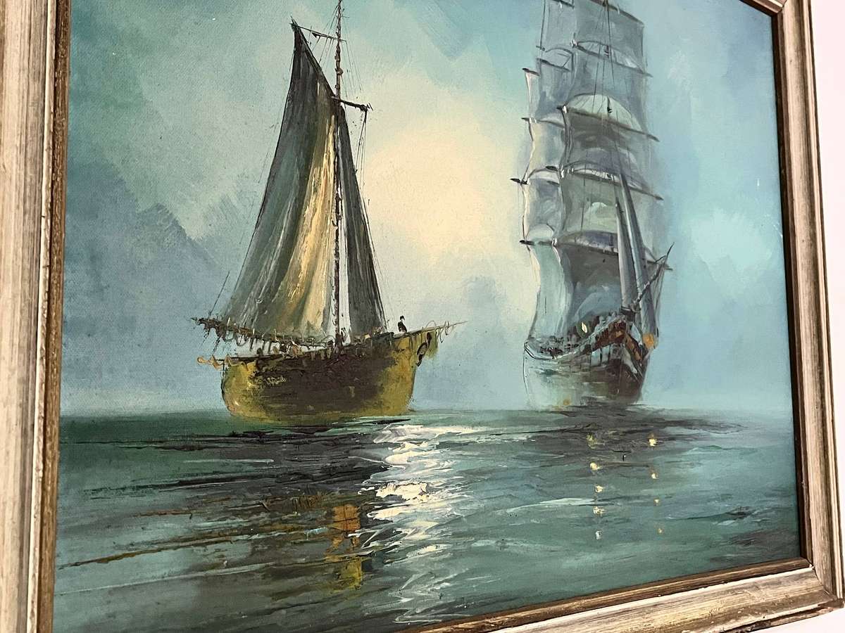  Original Maritime Oil Painting Sailing Ships at Sea Framed 70 × 60cm