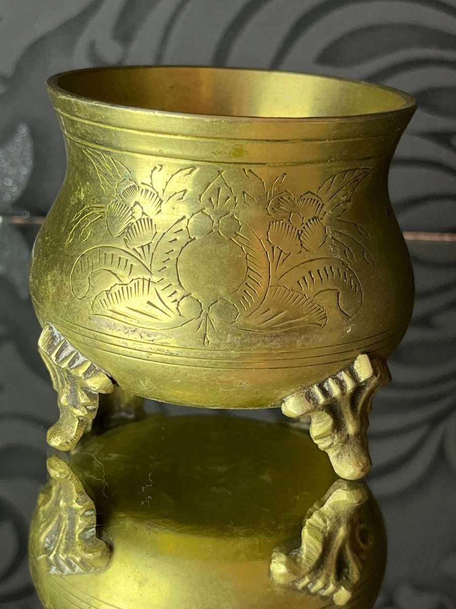 Vintage Pot on Decorative Feet  Hand-Engraved Floral Design