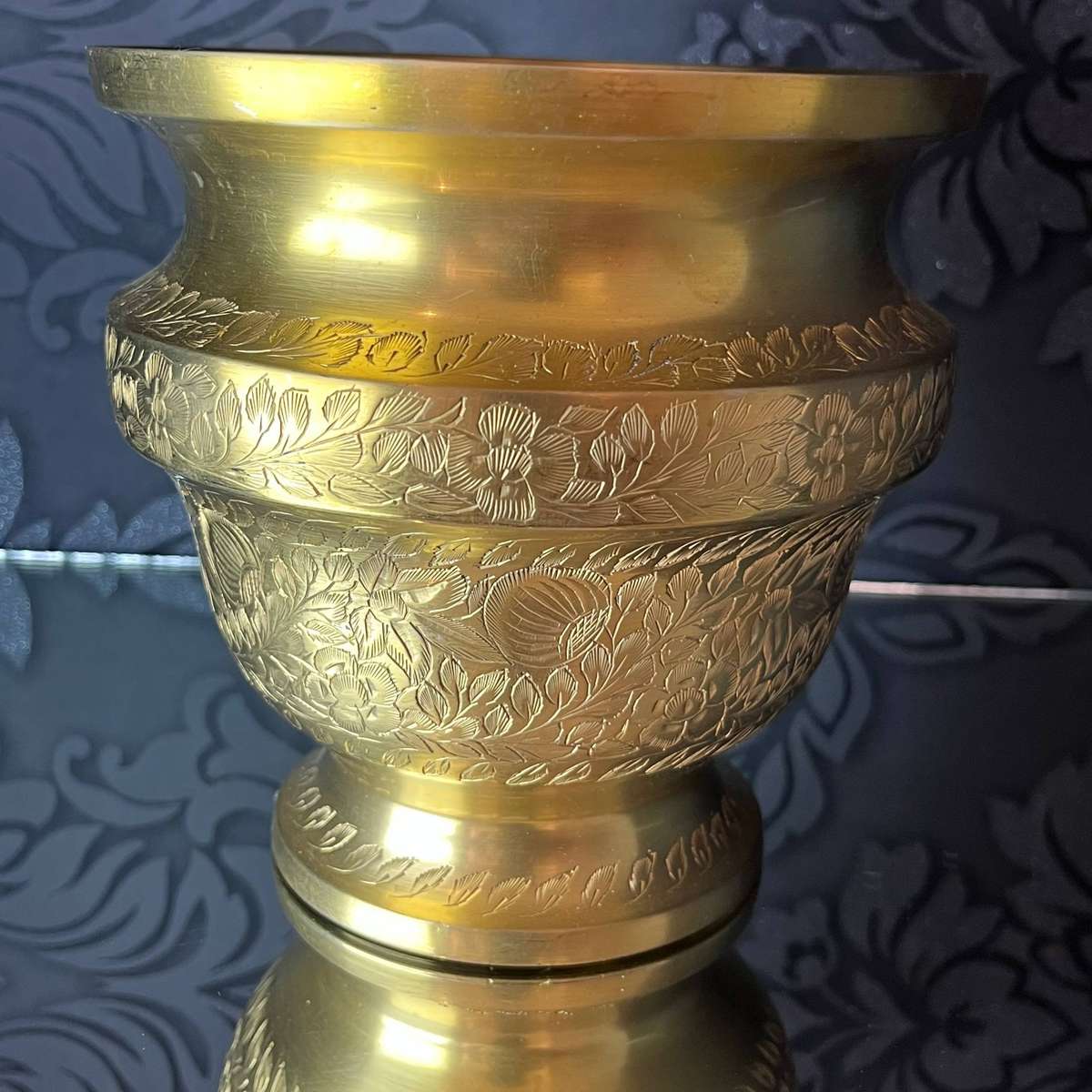 Large Vintage Engraved Copper Pot  Floral Motif (India)