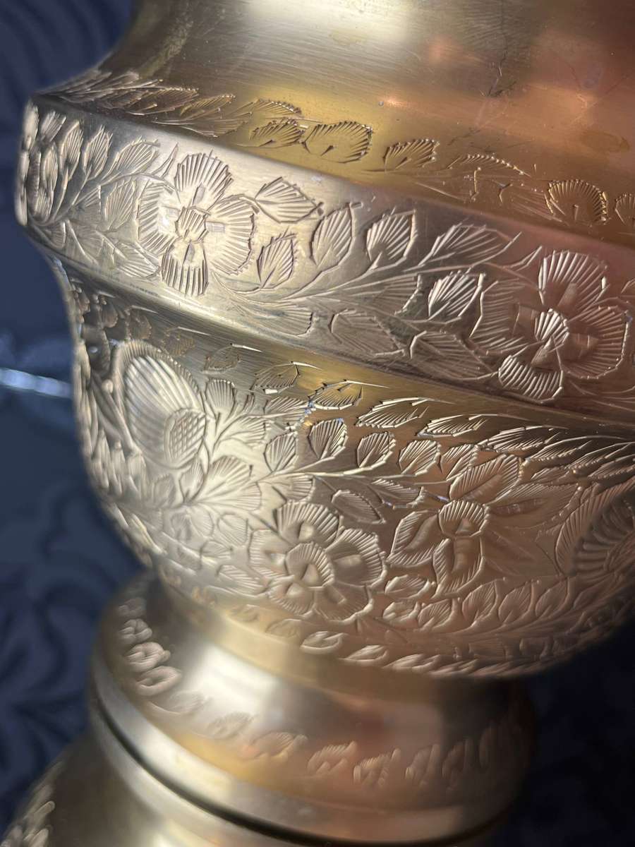 Large Vintage Engraved Copper Pot  Floral Motif (India)