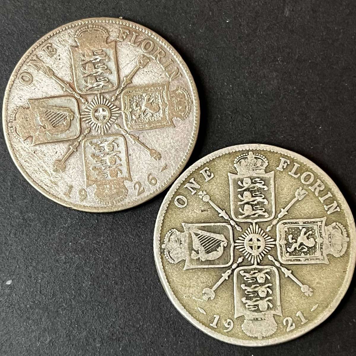  1921 & 1926 British One Florin Silver Coins (2 Coin Lot)  George V