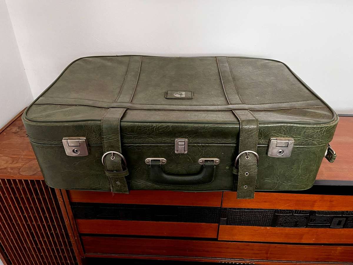 Vintage Green Travel Suitcase - Retro Hard Shell Case - Large Size - Classic 1970s Style
