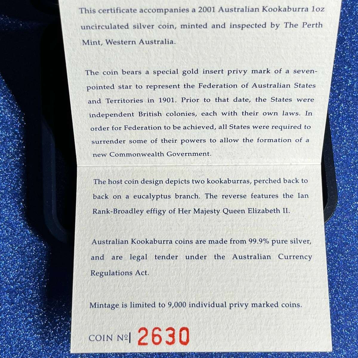  2001 Australian Kookaburra / 1oz .999 Fine Silver Coin / Special Gold Insert Privy Mark