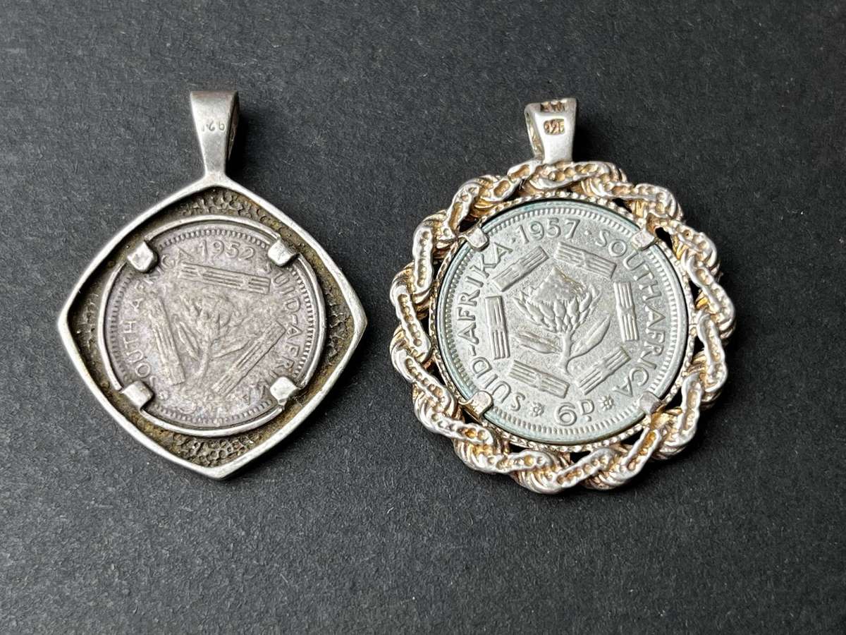  SA Silver Coin Pendants  1952 3d & 1957 6d  .500 Silver Coins | .925 Mounts