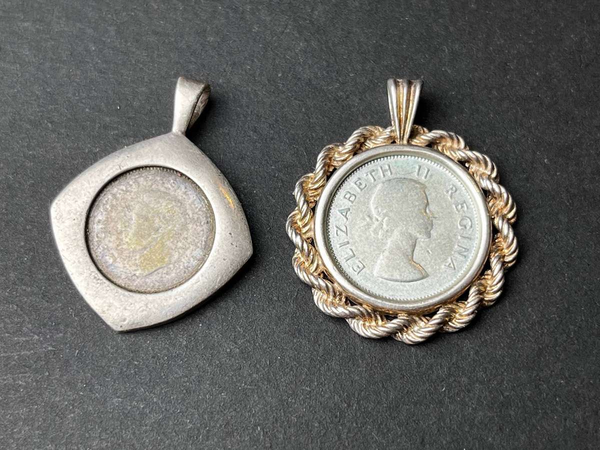  SA Silver Coin Pendants  1952 3d & 1957 6d  .500 Silver Coins | .925 Mounts