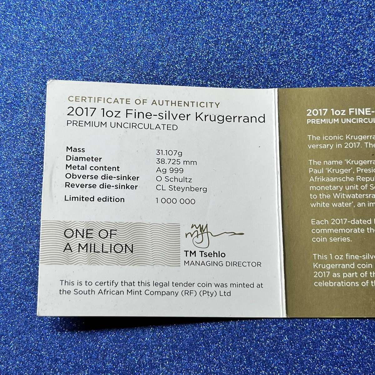  2017 Silver Krugerrand / 1oz Fine Silver .999 / 50th Anniversary Privy Mark