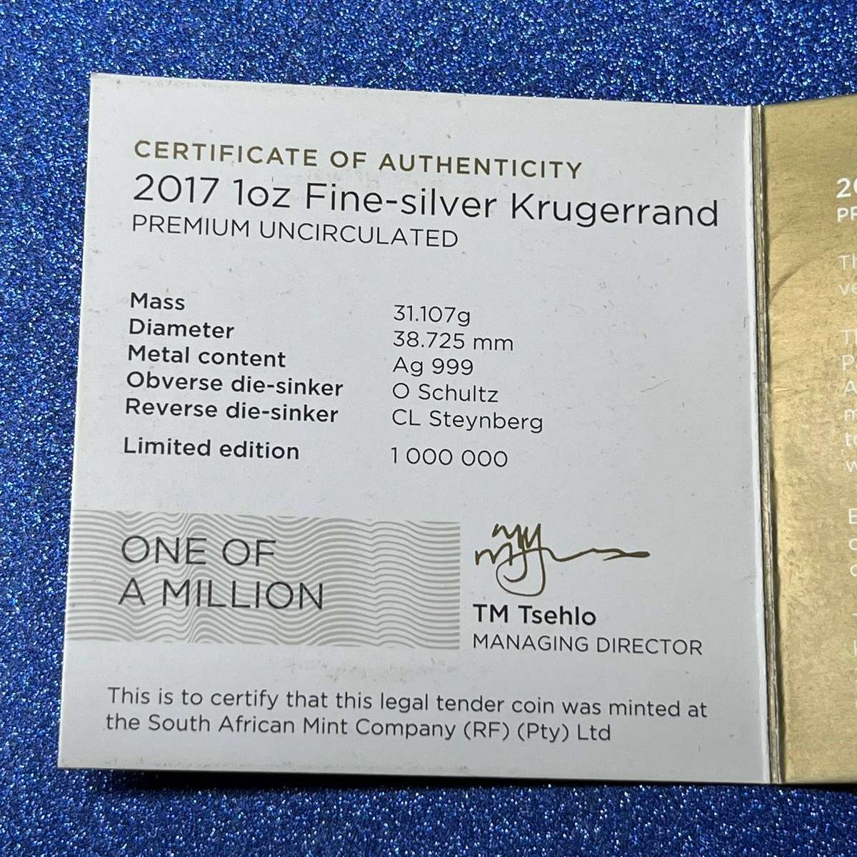  2017 Silver Krugerrand / 1oz Fine Silver .999 / 50th Anniversary Privy Mark