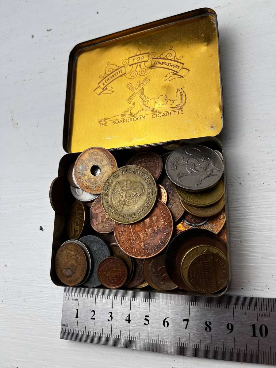 Mixed World Coin Lot in Vintage Mills Special Tin  Compact Mystery Box