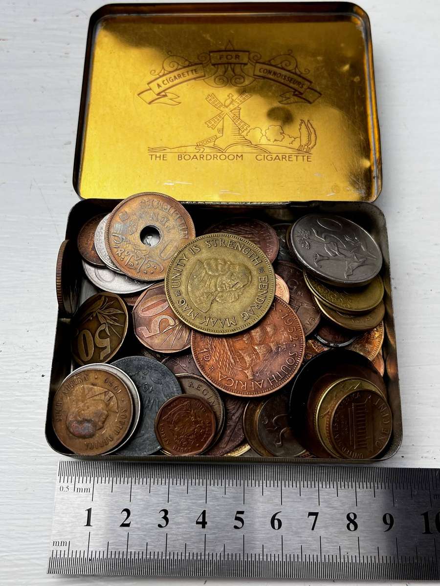 Mixed World Coin Lot in Vintage Mills Special Tin  Compact Mystery Box