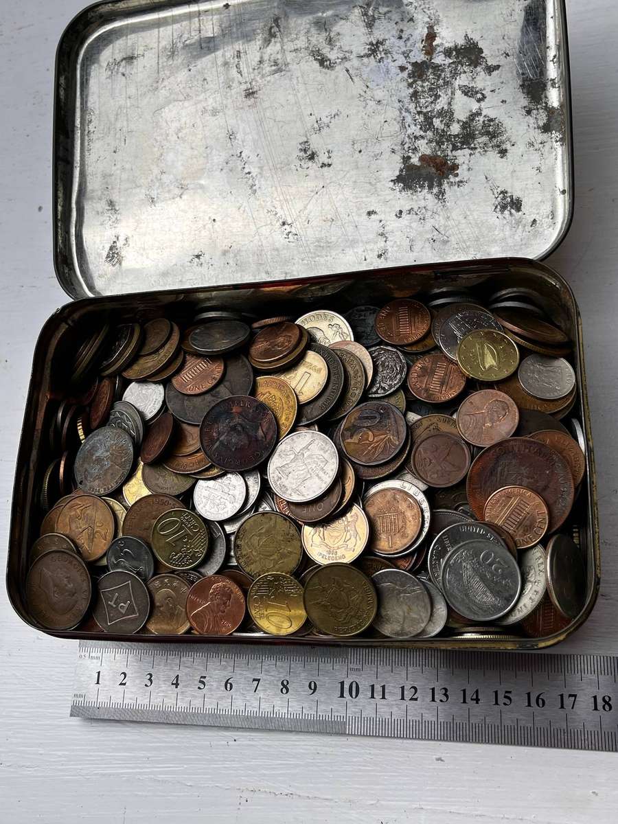 Mixed World Coin Lot in Vintage Mills Special Tin  Compact Mystery Box