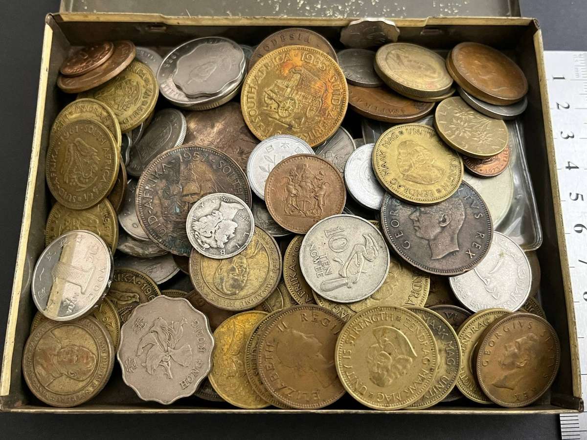  Mixed World Coin Lot in Vintage Senior Service Cigarette Tin