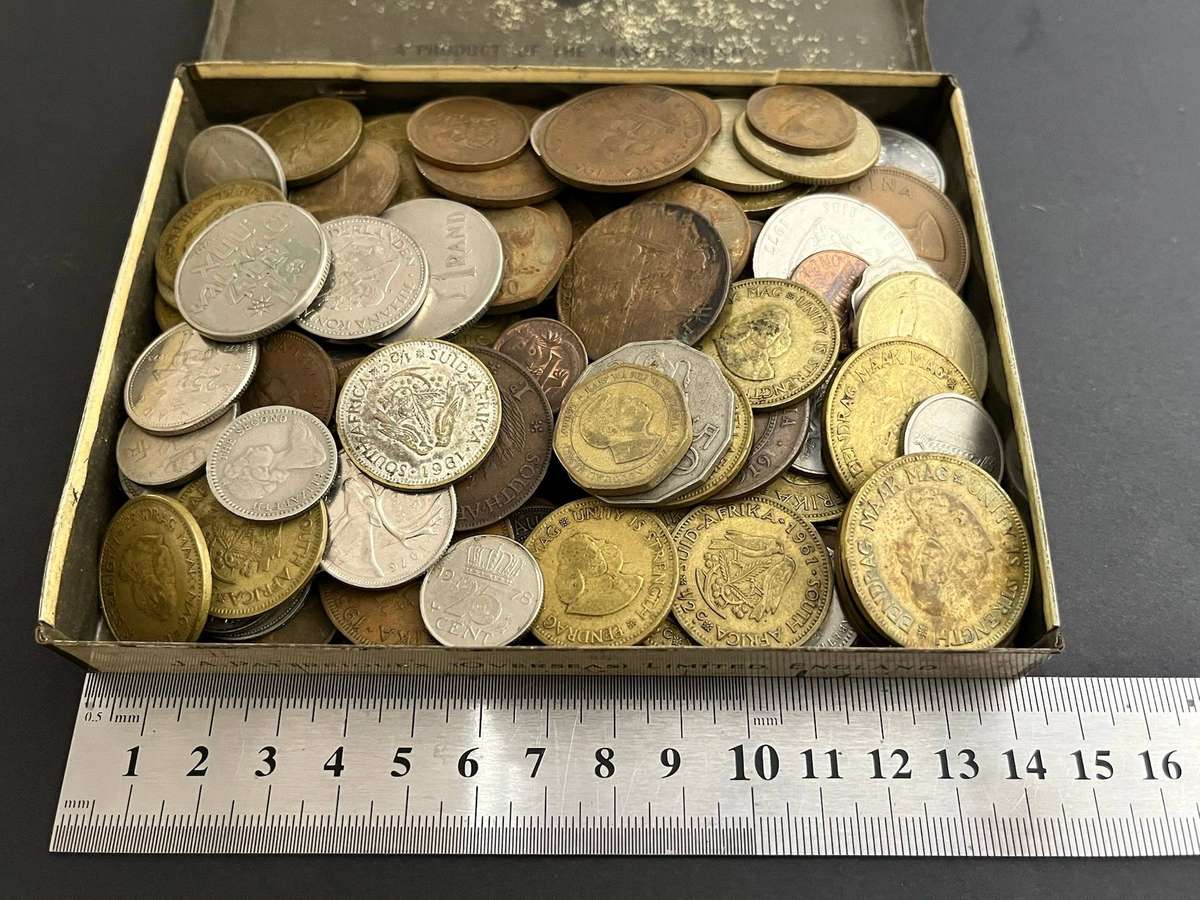  Mixed World Coin Lot in Vintage Senior Service Cigarette Tin