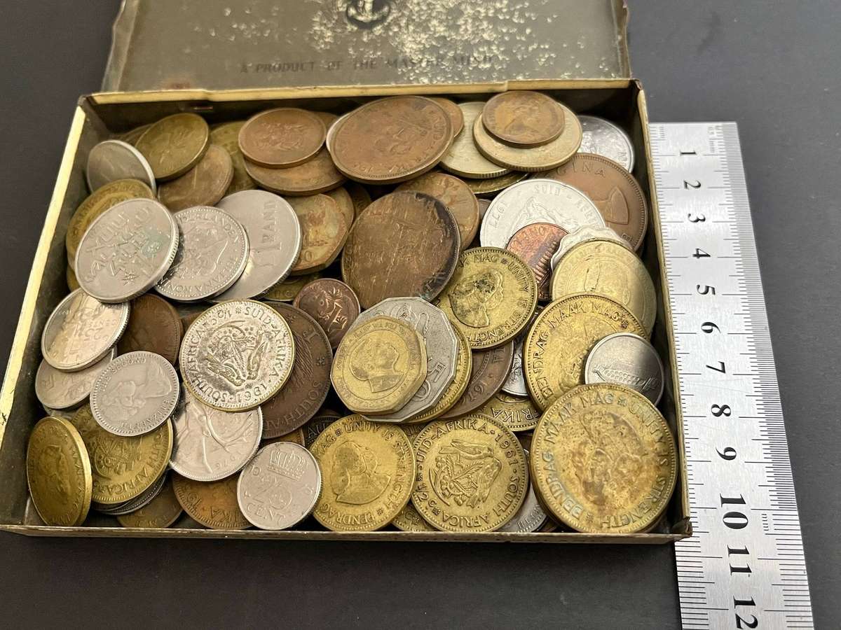  Mixed World Coin Lot in Vintage Senior Service Cigarette Tin