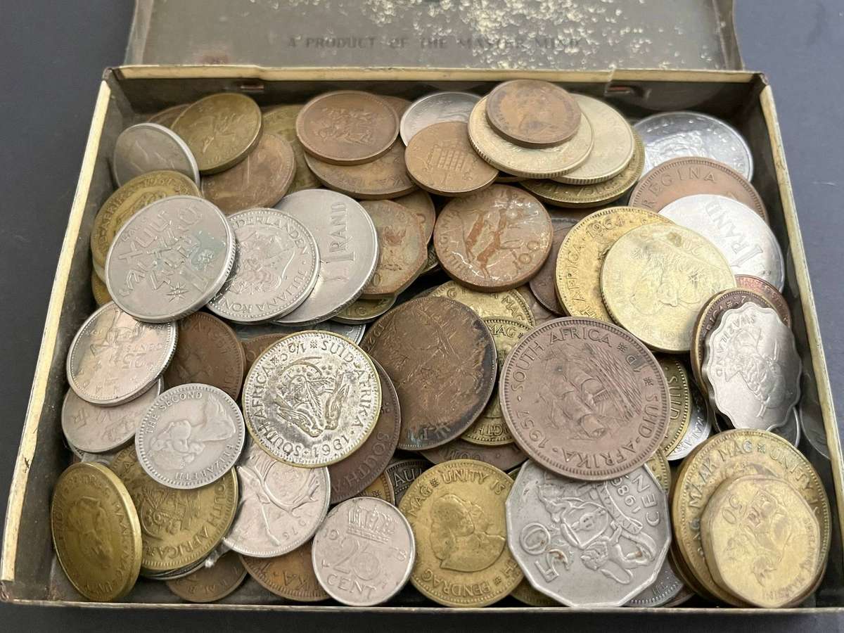  Mixed World Coin Lot in Vintage Senior Service Cigarette Tin