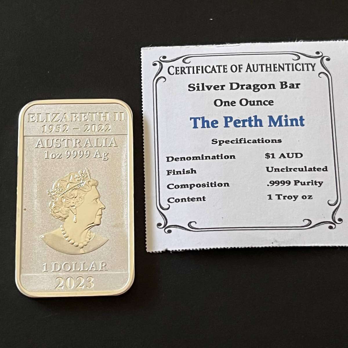  1oz Silver Dragon Bar 2023  Perth Mint Style  0.9999 Fine Silver