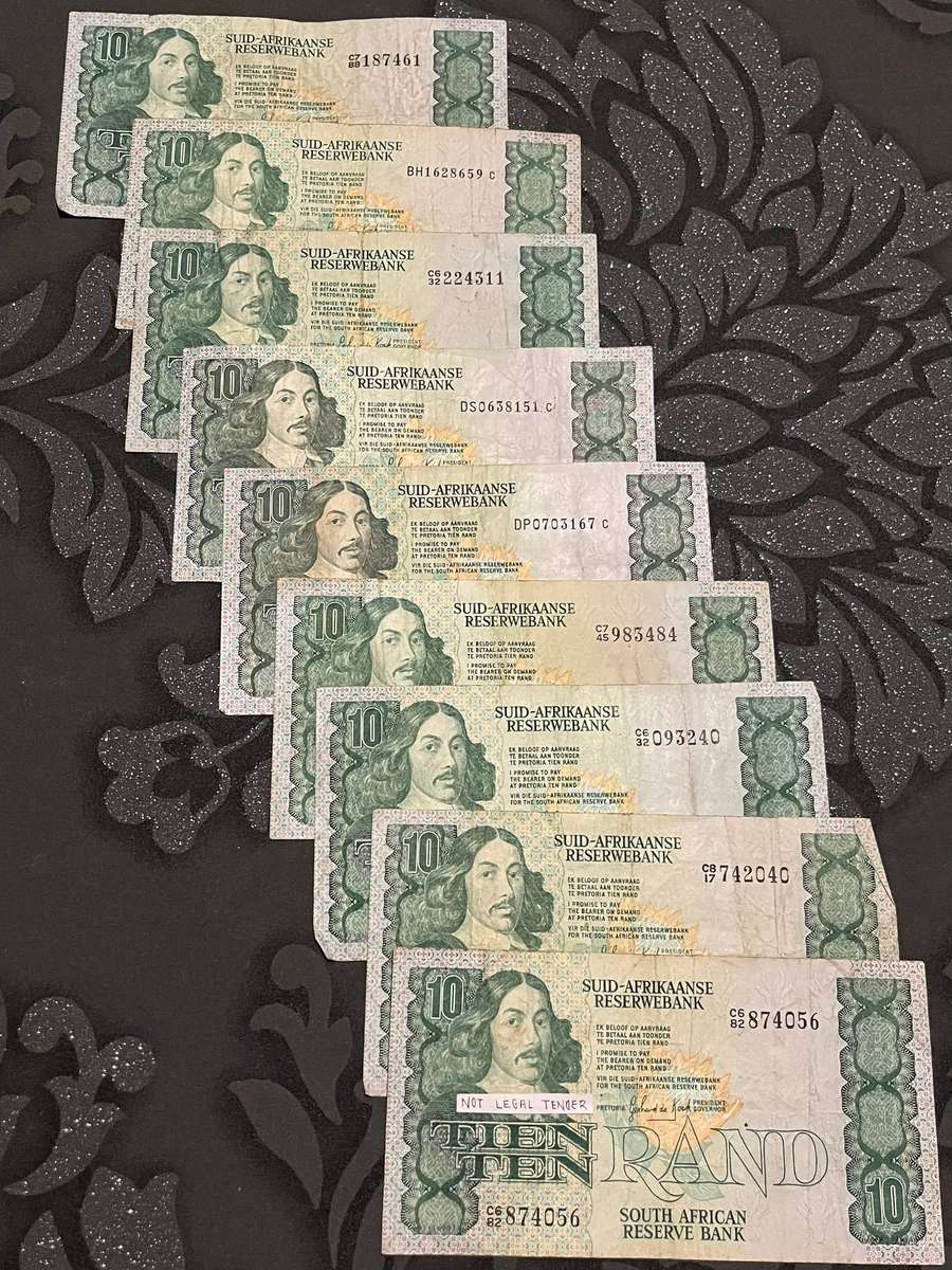 Lot of 9 × South Africa 10 Rand Notes  Jan van Riebeeck  G.P.C. de Kock