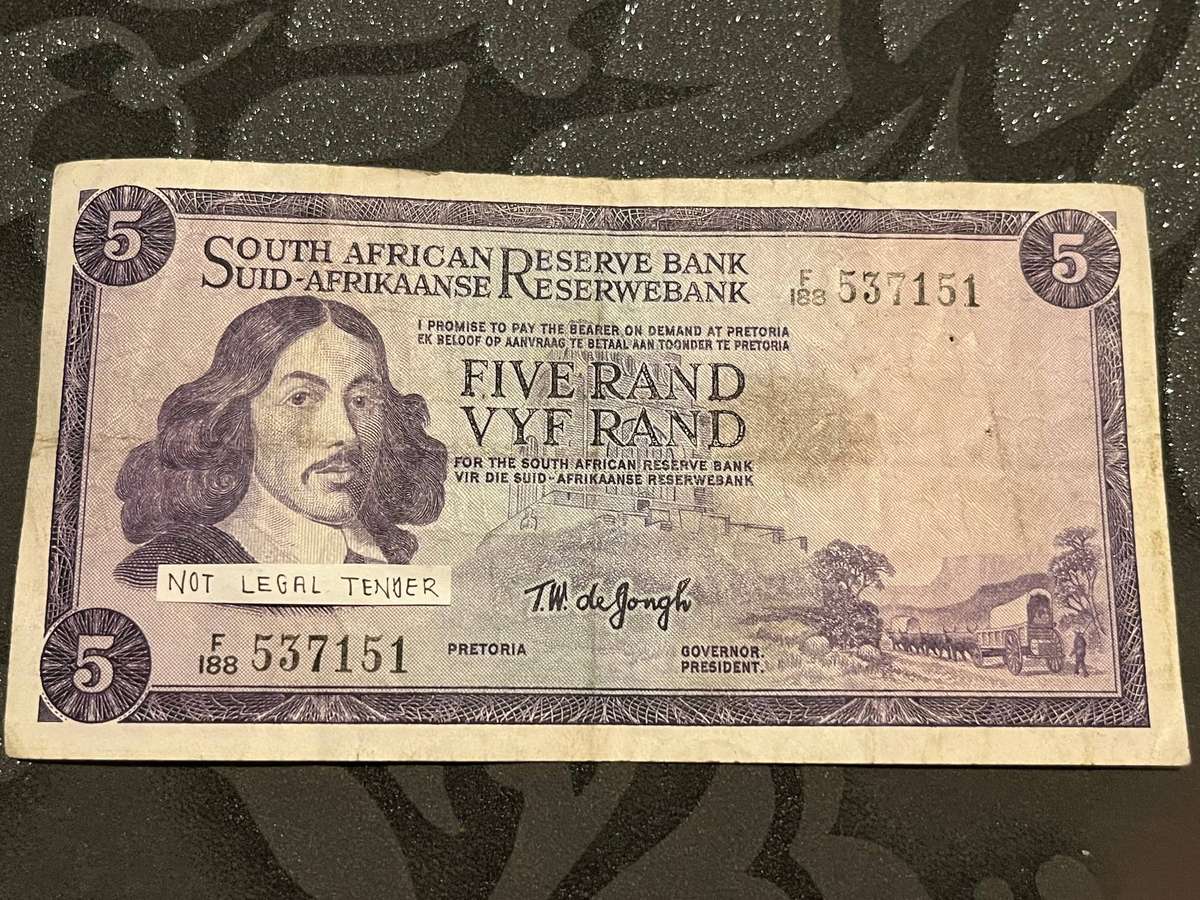 South Africa 5 Rand Note  Jan van Riebeeck  T.W. de Jongh Signature