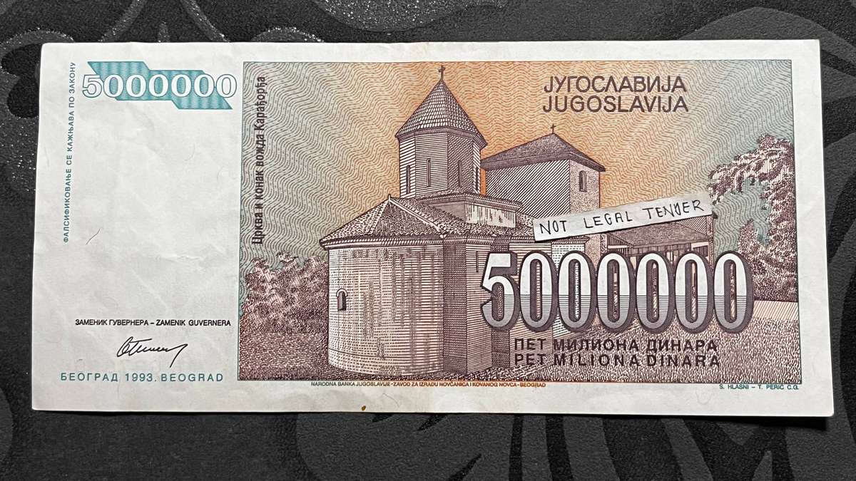 Yugoslavia 5,000,000 Dinara Banknote  Hyperinflation Issue