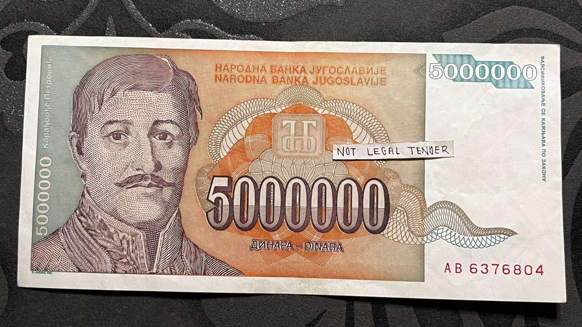 Yugoslavia 5,000,000 Dinara Banknote  Hyperinflation Issue