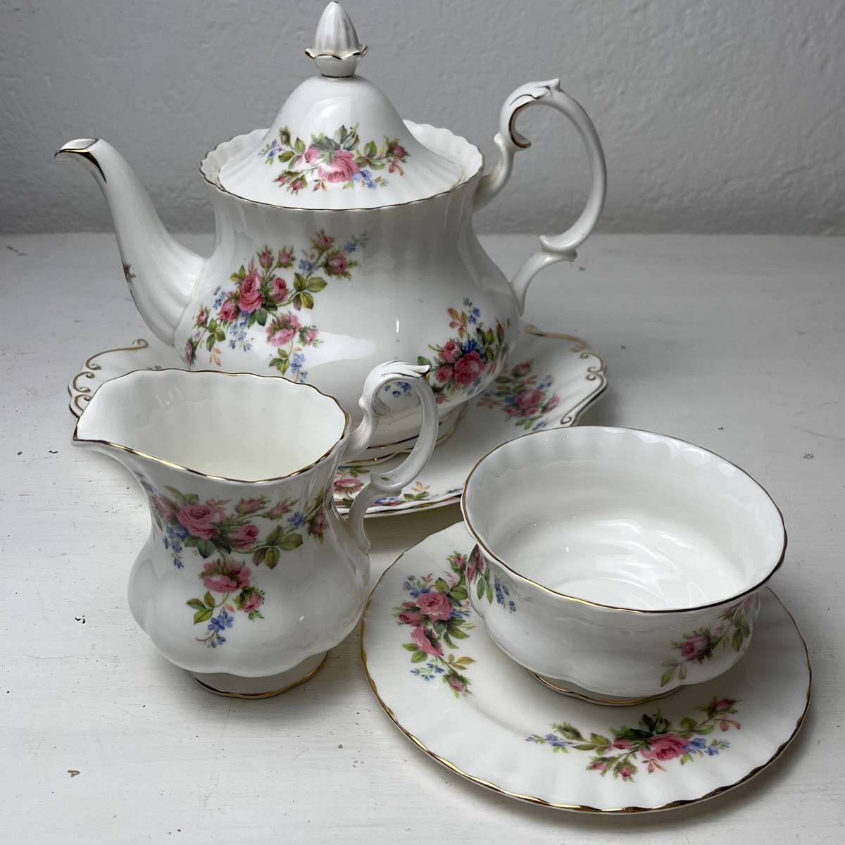  Royal Albert Moss Rose Bone China Tea Set Teapot Cake Plate Milk Jug Sugar Bowl