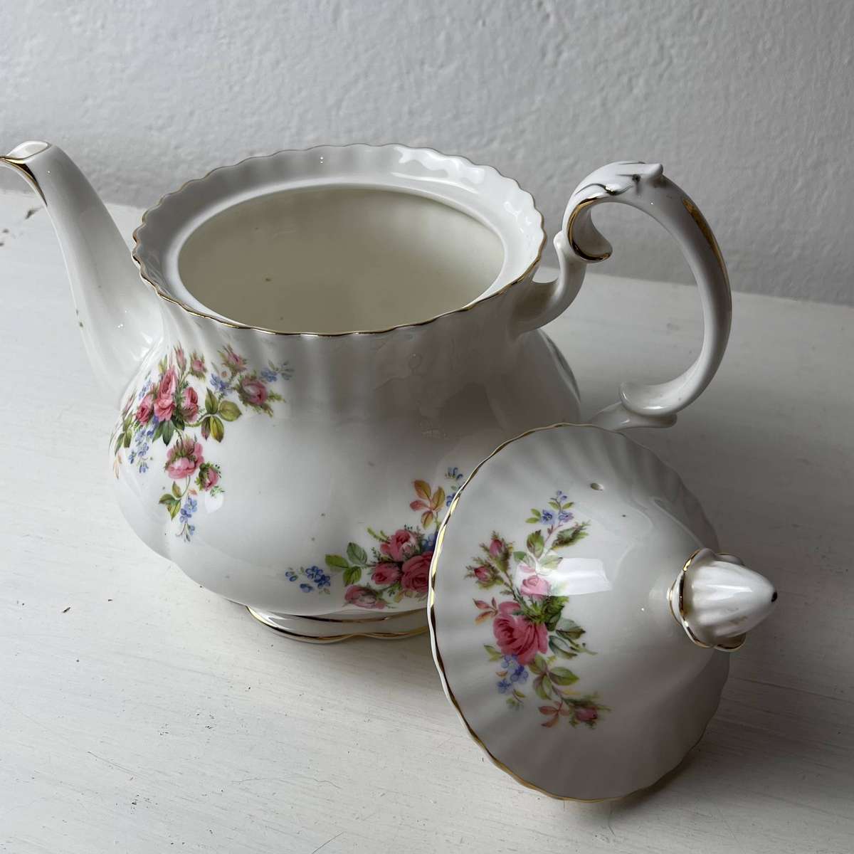  Royal Albert Moss Rose Bone China Tea Set Teapot Cake Plate Milk Jug Sugar Bowl