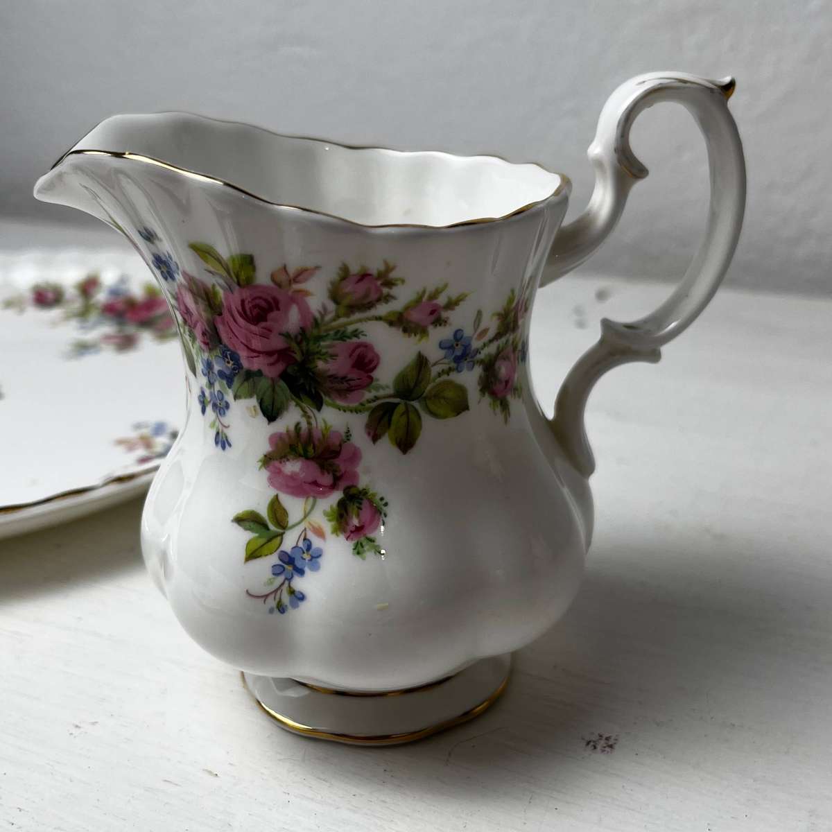  Royal Albert Moss Rose Bone China Tea Set Teapot Cake Plate Milk Jug Sugar Bowl