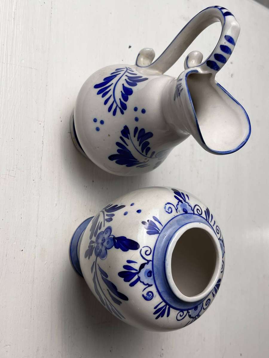 Elweco Hand Painted Delft Blue Jug and Vase Set Holland 2 Piece
