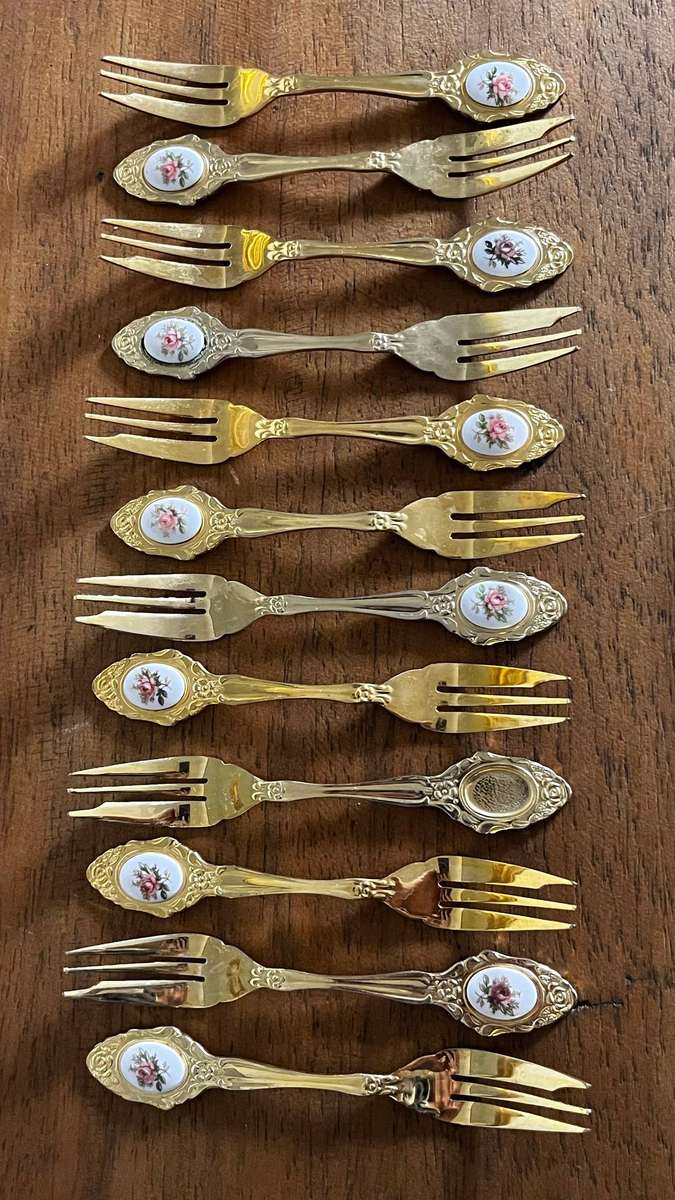 Etrite 24ct Gold Plated Tea Fork Set (12) Floral Porcelain Inlay Original Box