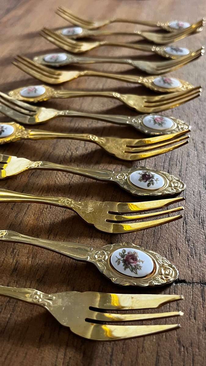 Etrite 24ct Gold Plated Tea Fork Set (12) Floral Porcelain Inlay Original Box