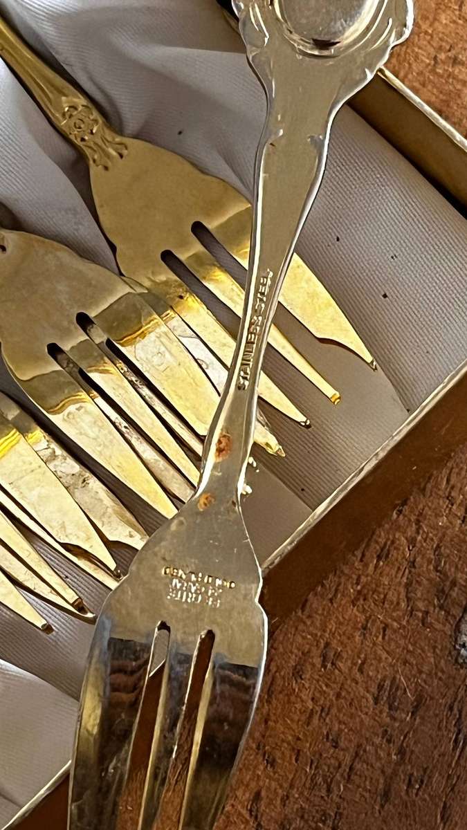Etrite 24ct Gold Plated Tea Fork Set (12) Floral Porcelain Inlay Original Box