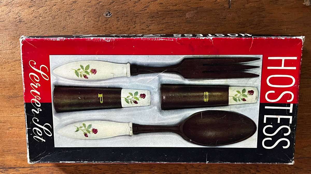Hostess Serving Set in Box  Wooden Utensils with Floral Ceramic Handles