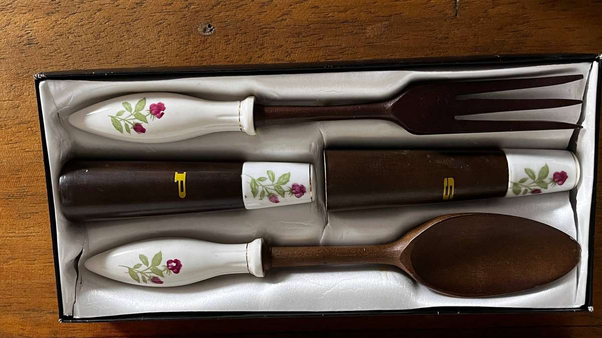 Hostess Serving Set in Box  Wooden Utensils with Floral Ceramic Handles