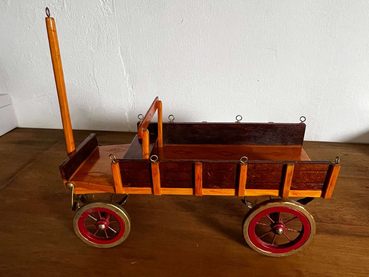 Vintage Wooden Ox Wagon Model with Red Wheels Handcrafted