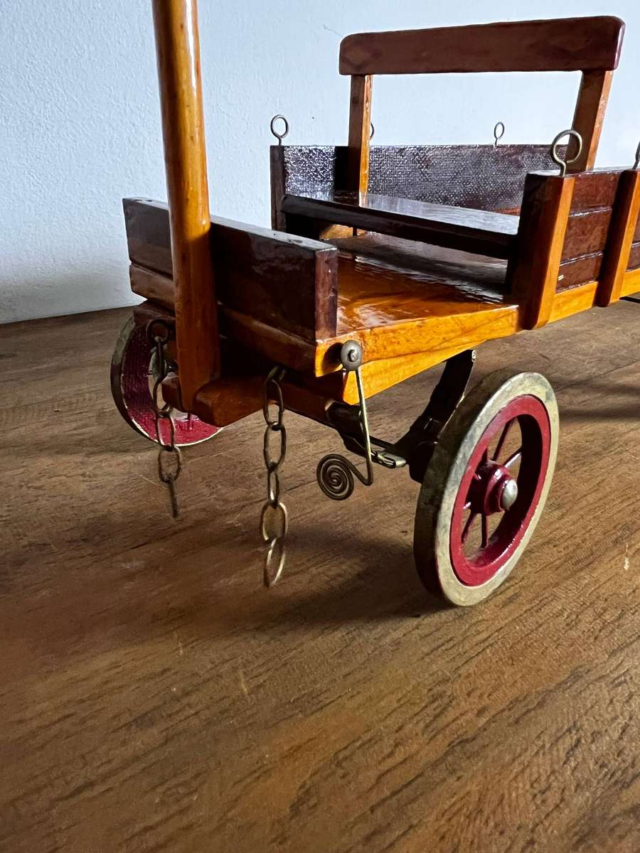 Vintage Wooden Ox Wagon Model with Red Wheels Handcrafted