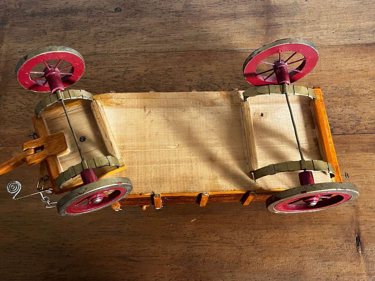 Vintage Wooden Ox Wagon Model with Red Wheels Handcrafted
