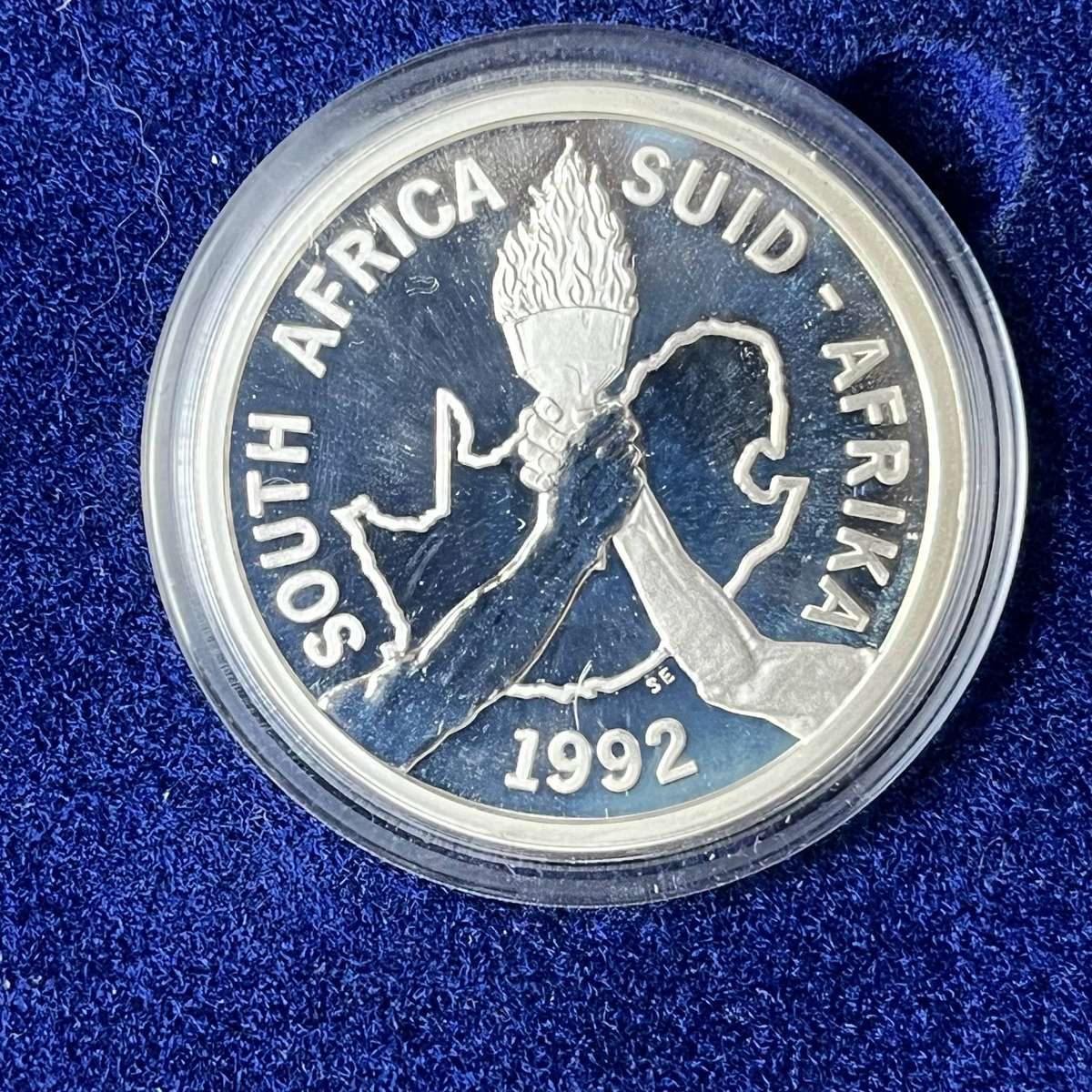  1992 South Africa Olympic 1oz Silver Proof Coin  Barcelona R2 (Boxed)