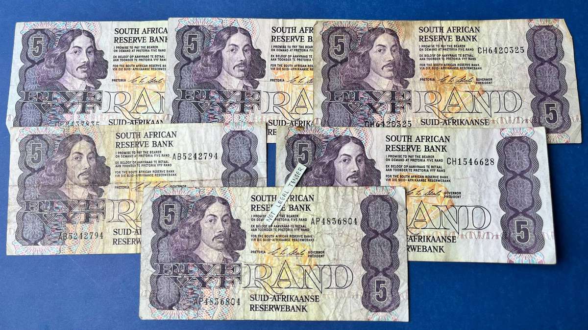 Governor C.L. Stals  5 Rand Banknote Lot (6 Notes)