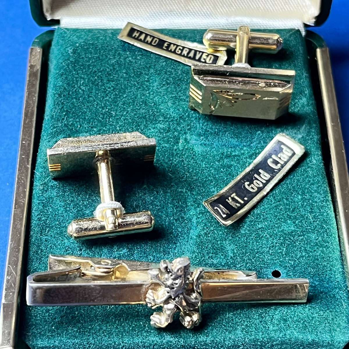  Vintage Cufflink & Tie Clip Set | Hand Engraved Formal Accessories in Presentation Box