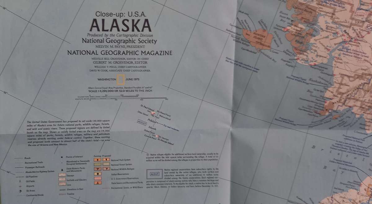 1975 Folded Map of ALASKA Published By National Geographic 89cmx70cm