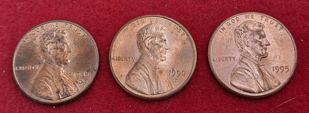1985(D) ,1990(D) and 1995 United States 1 Cent Coins "Lincoln Memorial Cent" (bid is for all 3)